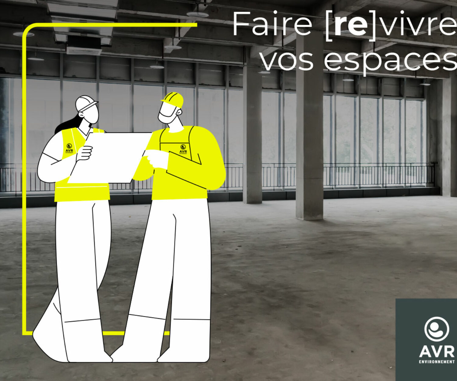 image d'un chantier réalisé par AVR environnement avec deux personnages illustrés qui se basent sur un plan de chantier
